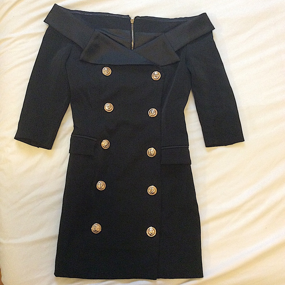Open Shoulder Black Dress with decorative buttons
